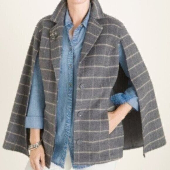 Chico's Jackets & Blazers - NWOT Chico's Plush Windowpane-Print Cape Jacket